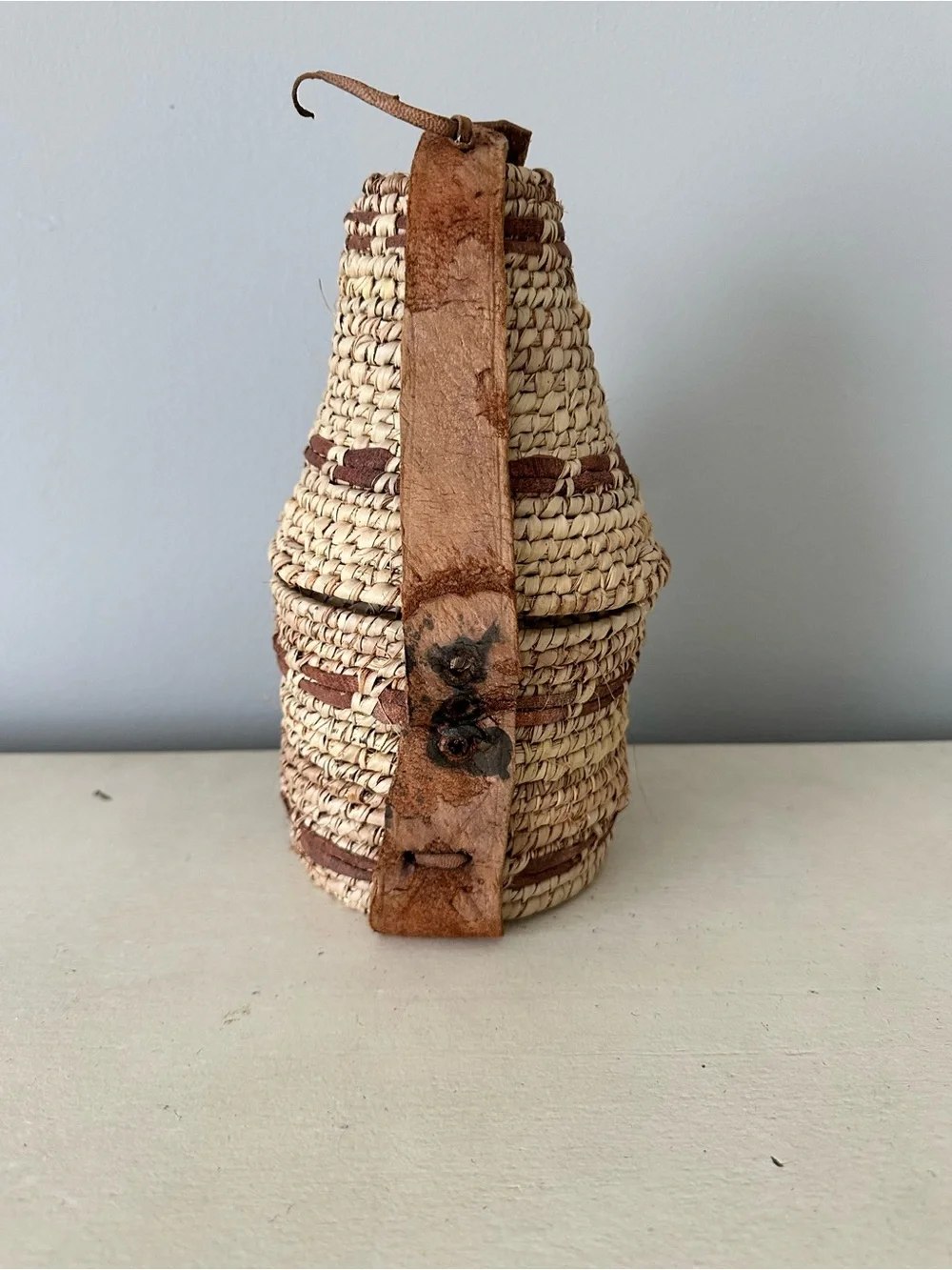 Antique Egyptian handmade leather basket with lid Africa African vintage